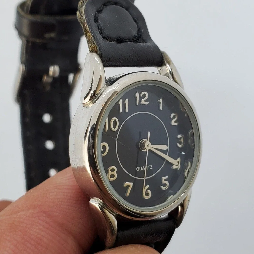 Women's Watch 24MM‎ Black Dial Black Braided Leather Band Straps New Battery